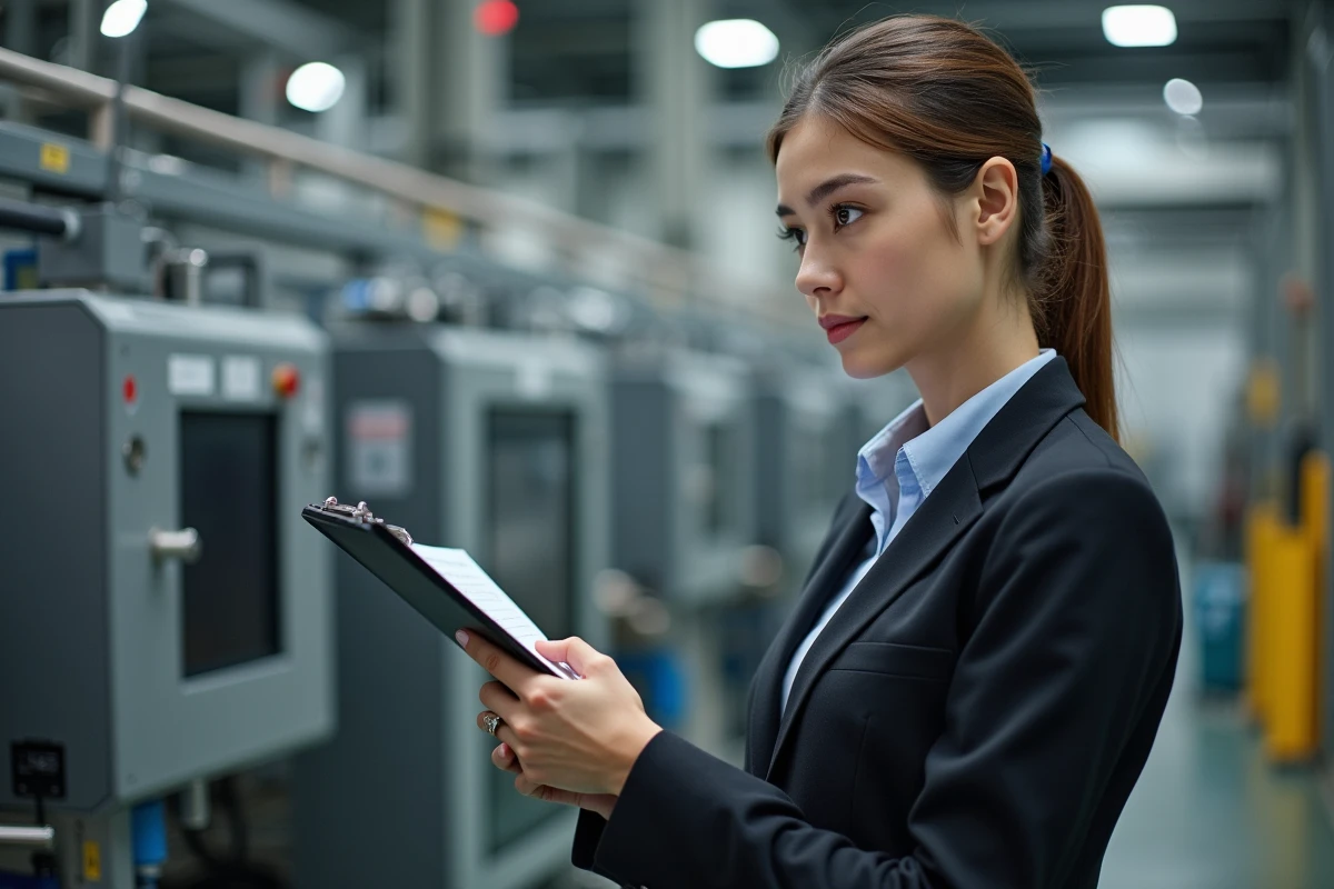 Jeune femme inspectant une machine avec marquage CE