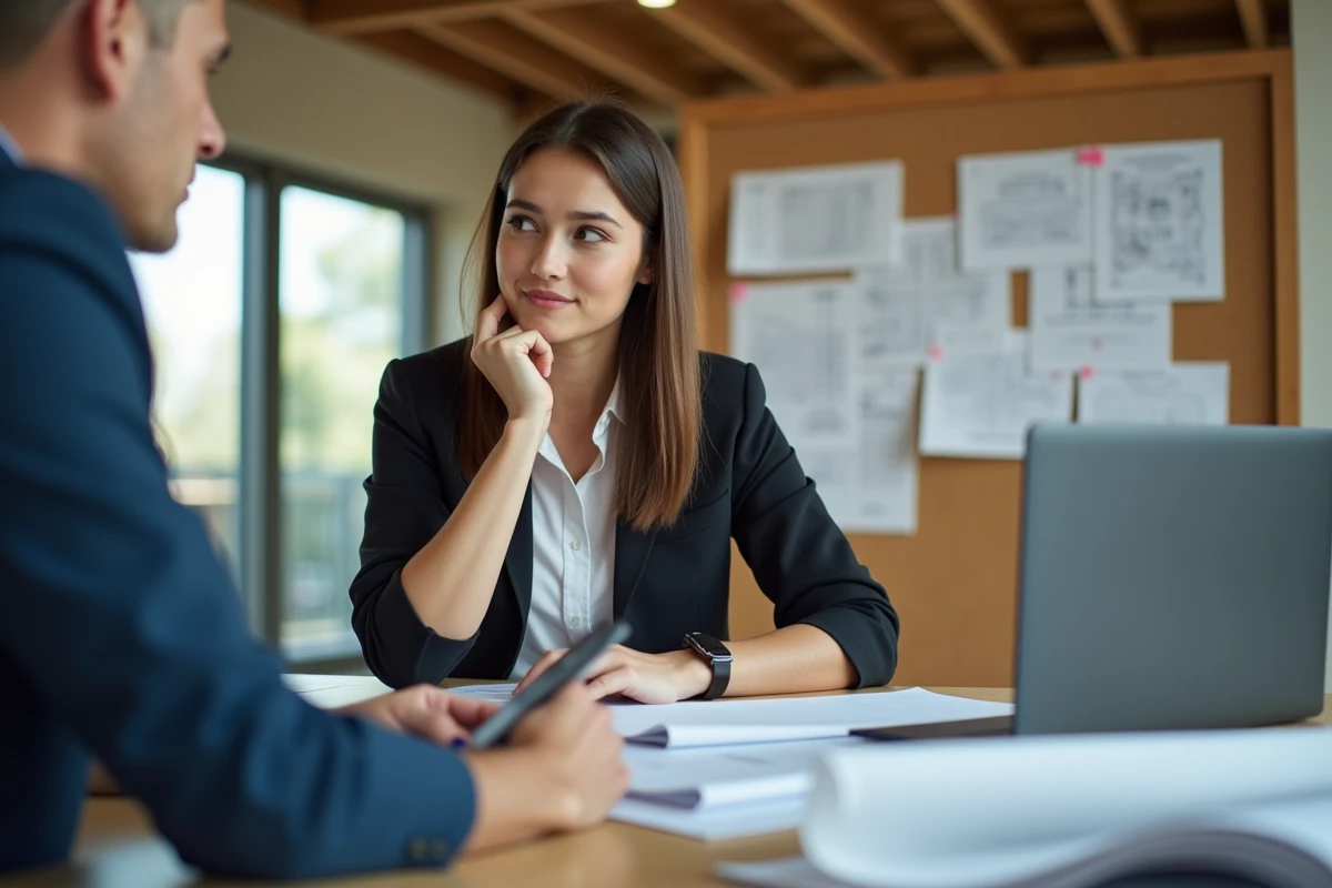 Jeune femme coordonnatrice en r&eacute;union de projet int&eacute;rieur