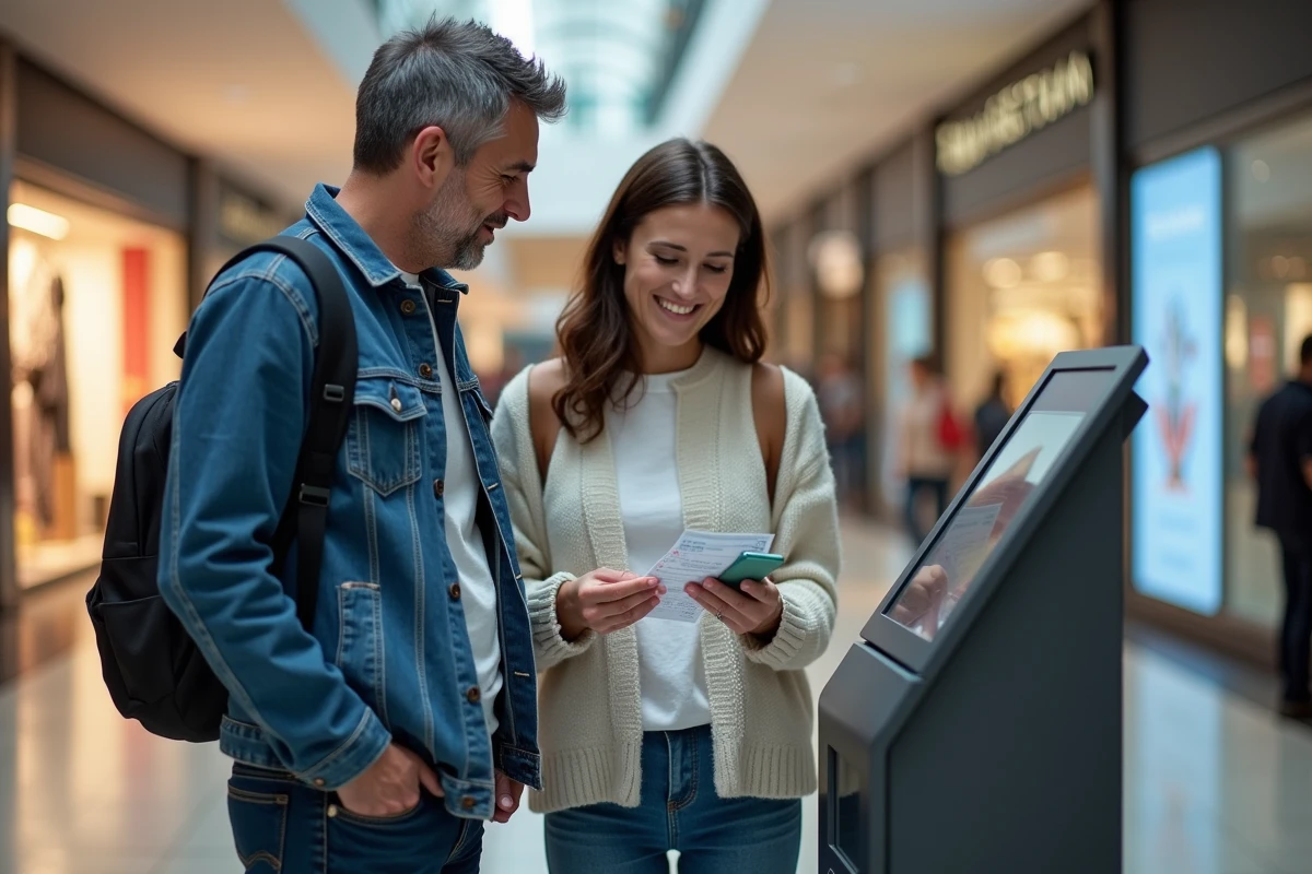 Couple utilisant un e-billet CSE dans un centre commercial pour profiter de leurs avantages loisirs