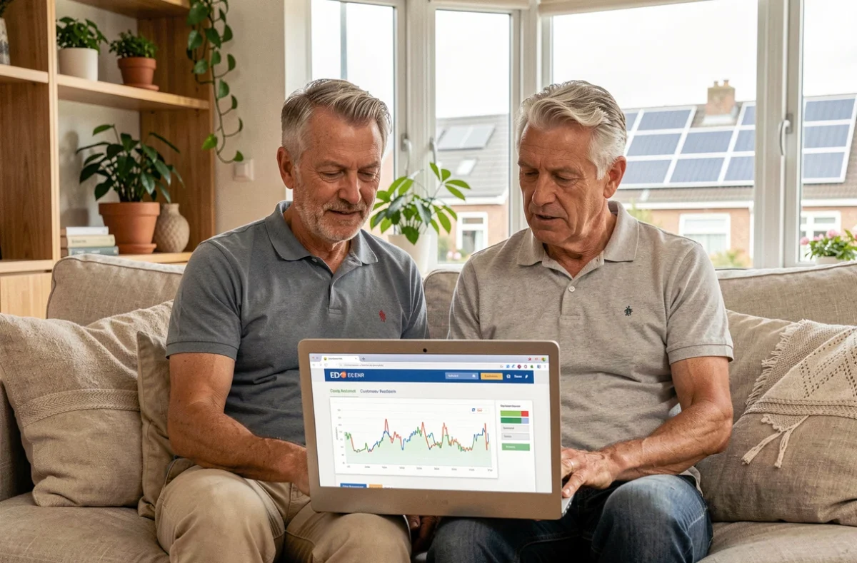 Couple consultant ensemble leur espace client EDF ENR sur un ordinateur portable dans un salon moderne pour optimiser leur autoconsommation solaire