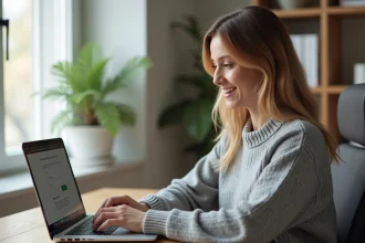 Femme créant son compte sur une plateforme en ligne depuis son bureau à domicile, écran d'inscription visible sur laptop