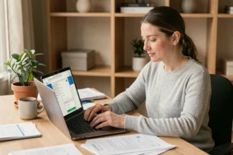 Femme utilisant un ordinateur portable pour effectuer une déclaration en ligne sur le site Urssaf mon compte