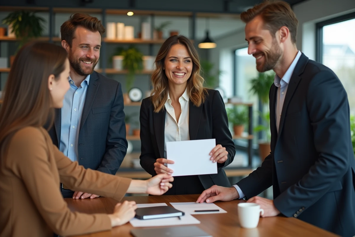 Équipe de bureau échangeant une carte d'adieu chaleureusement