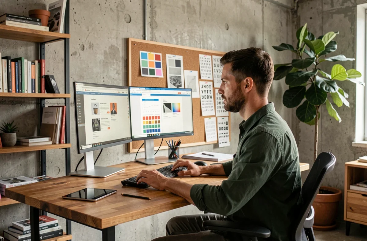 Graphiste de Digibase Web affinant une mise en page de site internet sur double écran dans un studio créatif