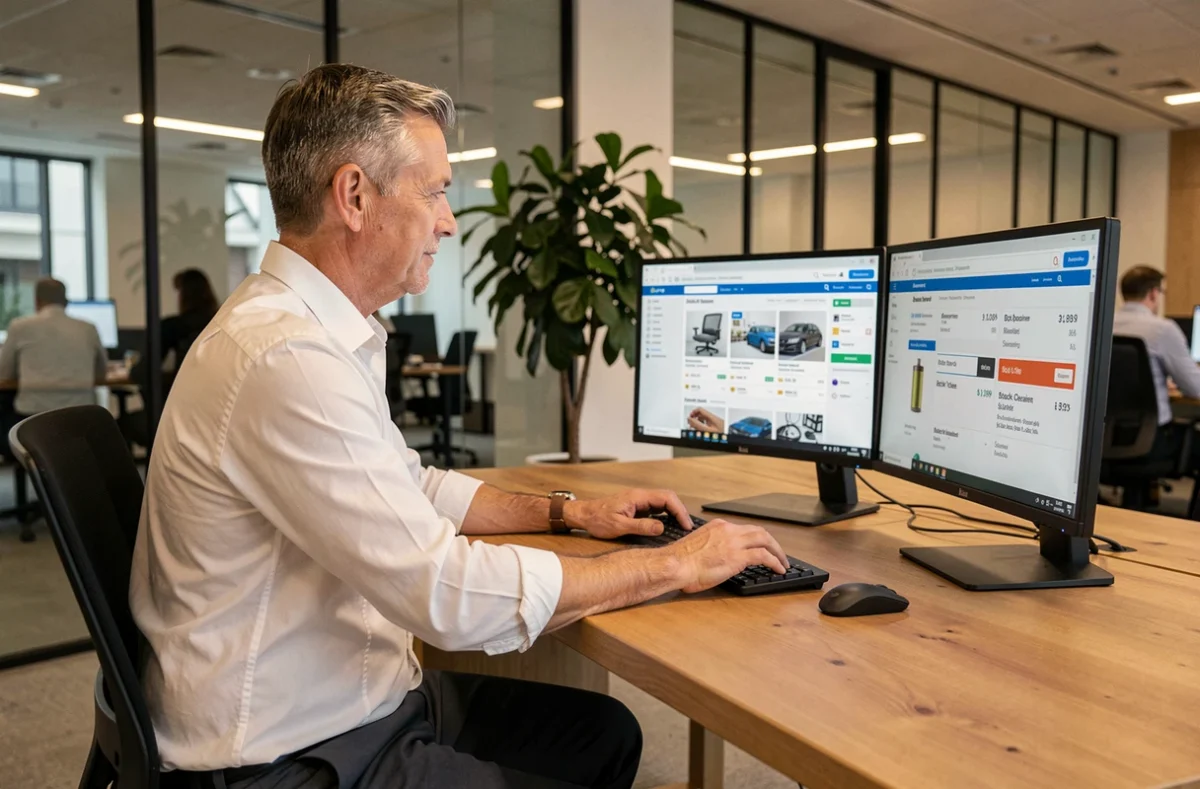 Directeur commercial gérant des fins de séries via une plateforme extranet B2B sur deux écrans dans un bureau moderne