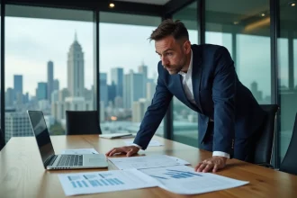Dirigeant d'entreprise analysant des documents financiers liés à une opération de fusion-acquisition dans une salle de réunion moderne
