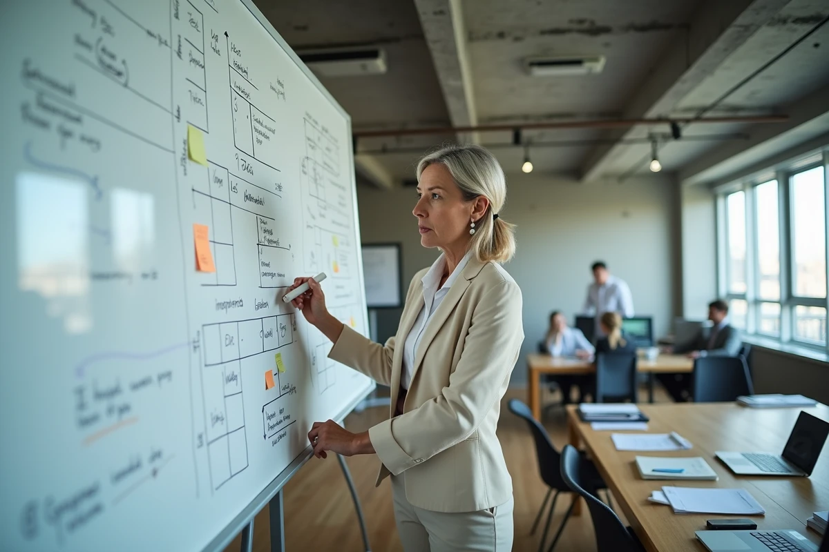 Dirigeante d'entreprise présentant un cadre décisionnel stratégique sur un tableau blanc en salle de travail