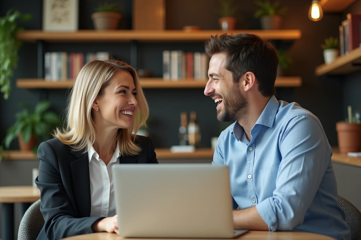 Deux professionnels discutant dans un café convivial
