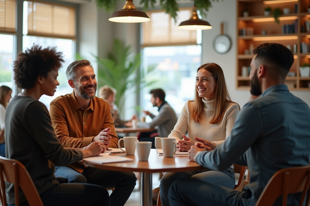 Groupe de clients divers discutant avec un conseiller dans un café accueillant