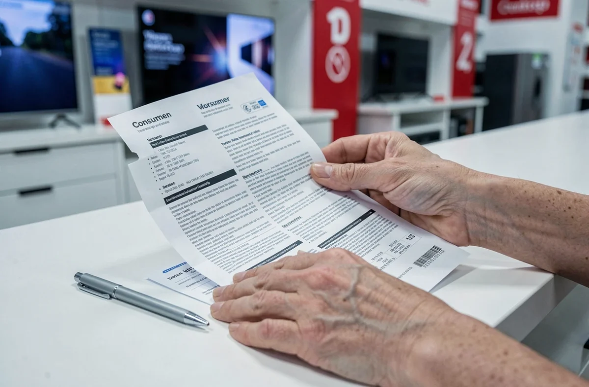 Gros plan sur une cliente lisant une brochure de garantie et un ticket de caisse au comptoir d'un service consommateur