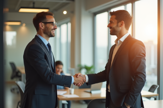 Professionnel d'affaires serrant la main d'un client souriant dans un bureau lumineux