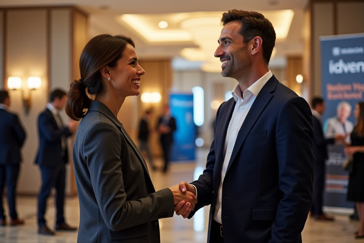 Deux professionnels échangeant des cartes de visite lors d'une poignée de main à un événement networking B2B