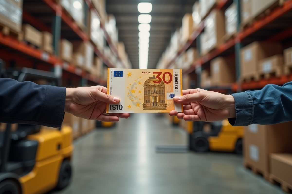 Deux mains échangeant un certificat EUR1 dans un entrepôt chargé