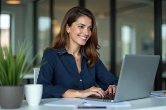 Employée utilisant son compte CSE en ligne sur un ordinateur portable au bureau pour accéder à ses avantages salariés