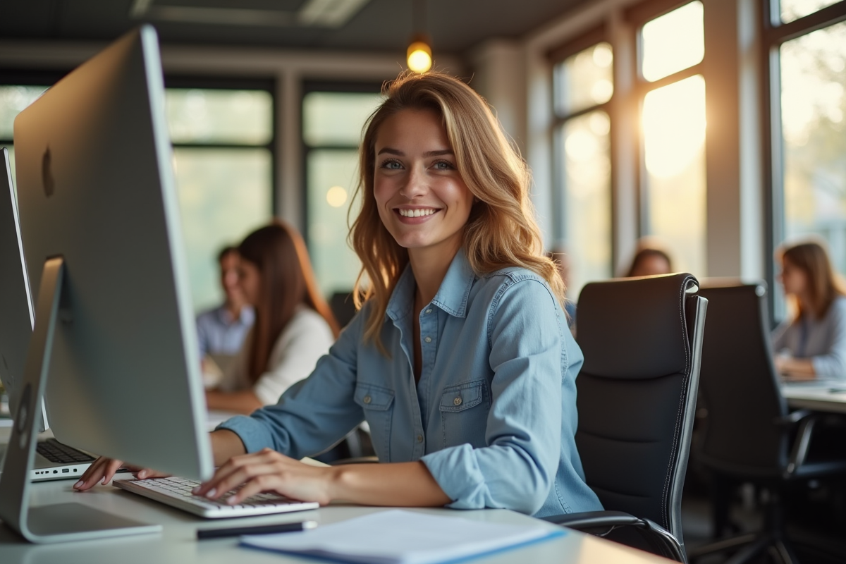 Employe en tenue casual travaillant a son bureau lumineux