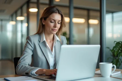 Employée de La Poste connectée à sa Box RH sur un ordinateur portable au bureau, utilisant des raccourcis clavier pour gagner du temps