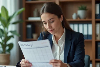 Enseignante consultant un calendrier mensuel 2026 pour planifier ses dates de paye de l'Éducation nationale