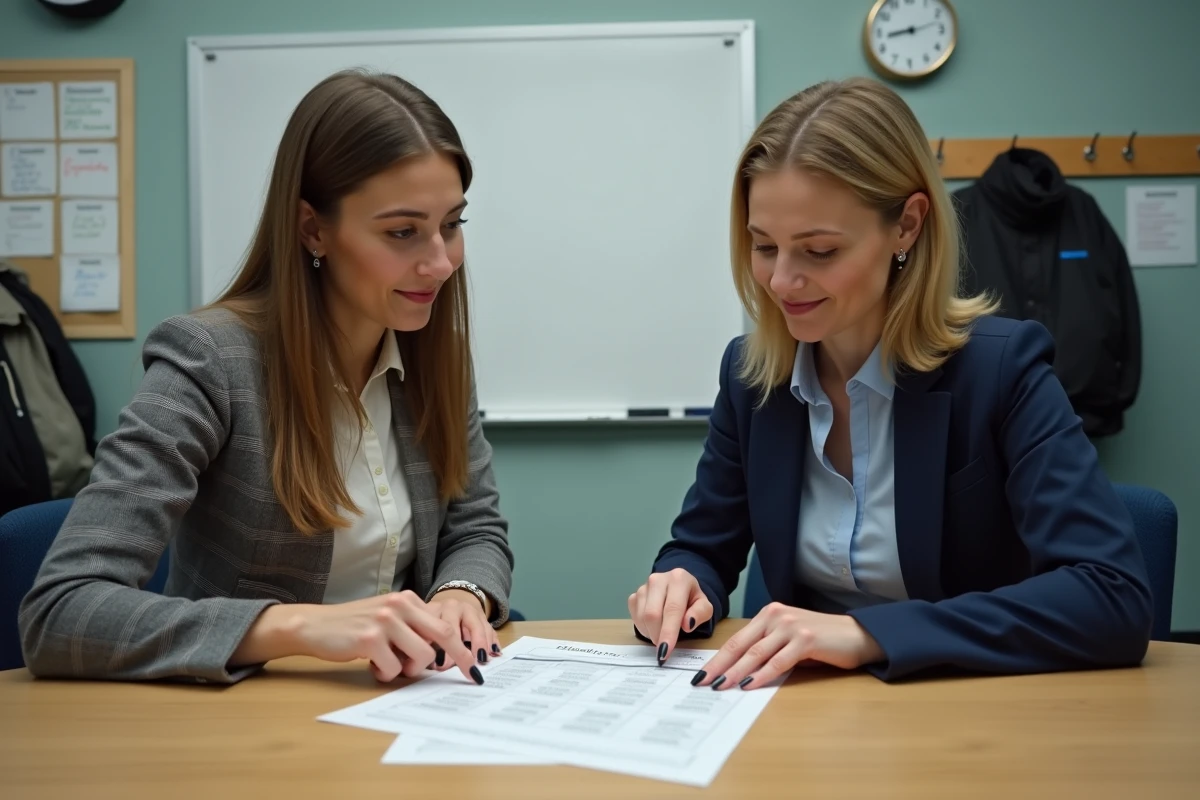 Deux enseignantes discutant du calendrier des dates de paye de l'Éducation nationale 2026 dans une salle des professeurs