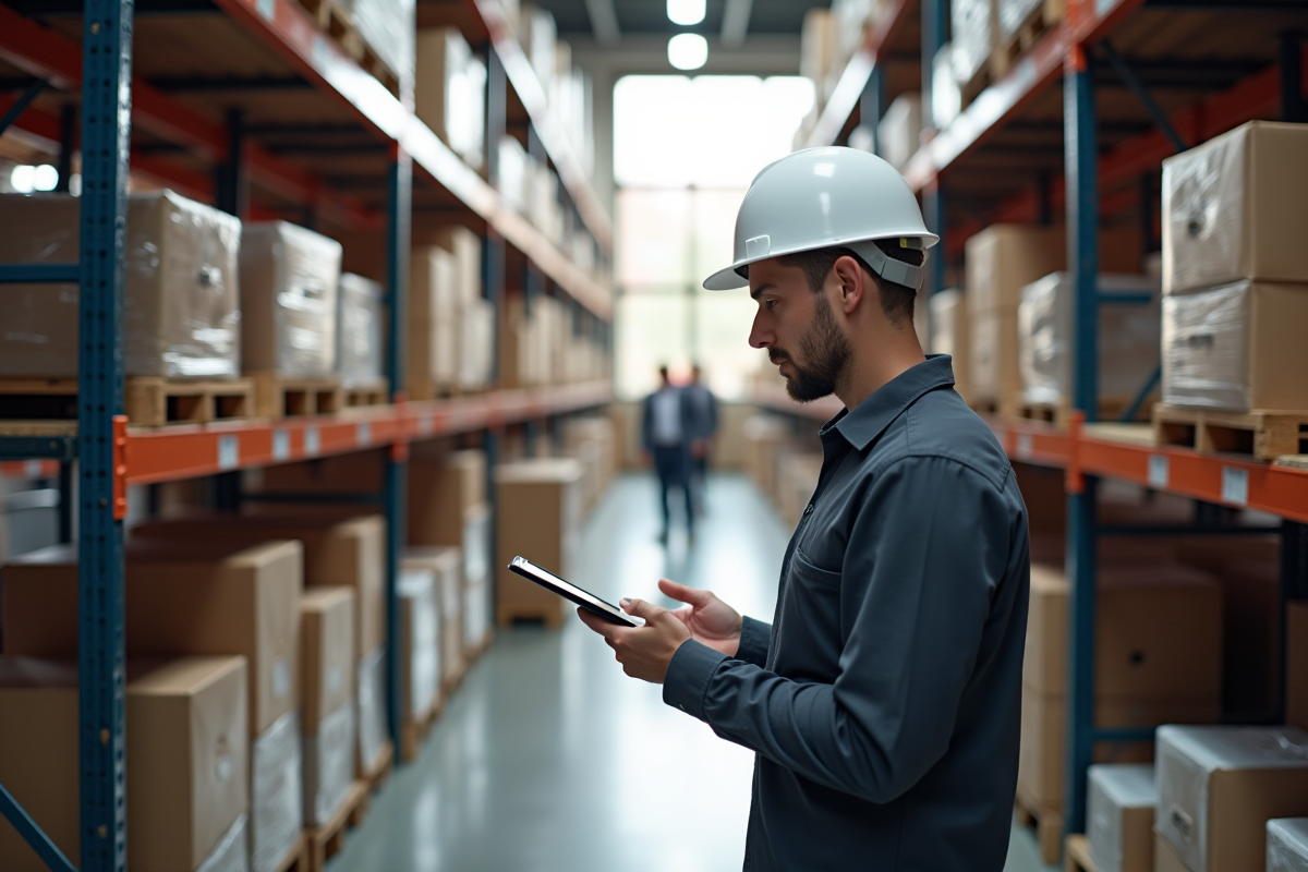 Entrepot moderne avec employe scannant avec une tablette