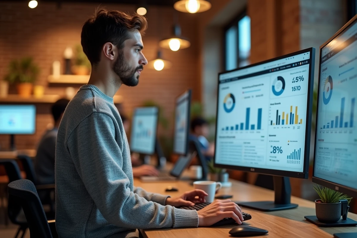 Jeune entrepreneur mesurant les indicateurs de performance ROI d'une plateforme de mise en relation réseau dans un espace coworking