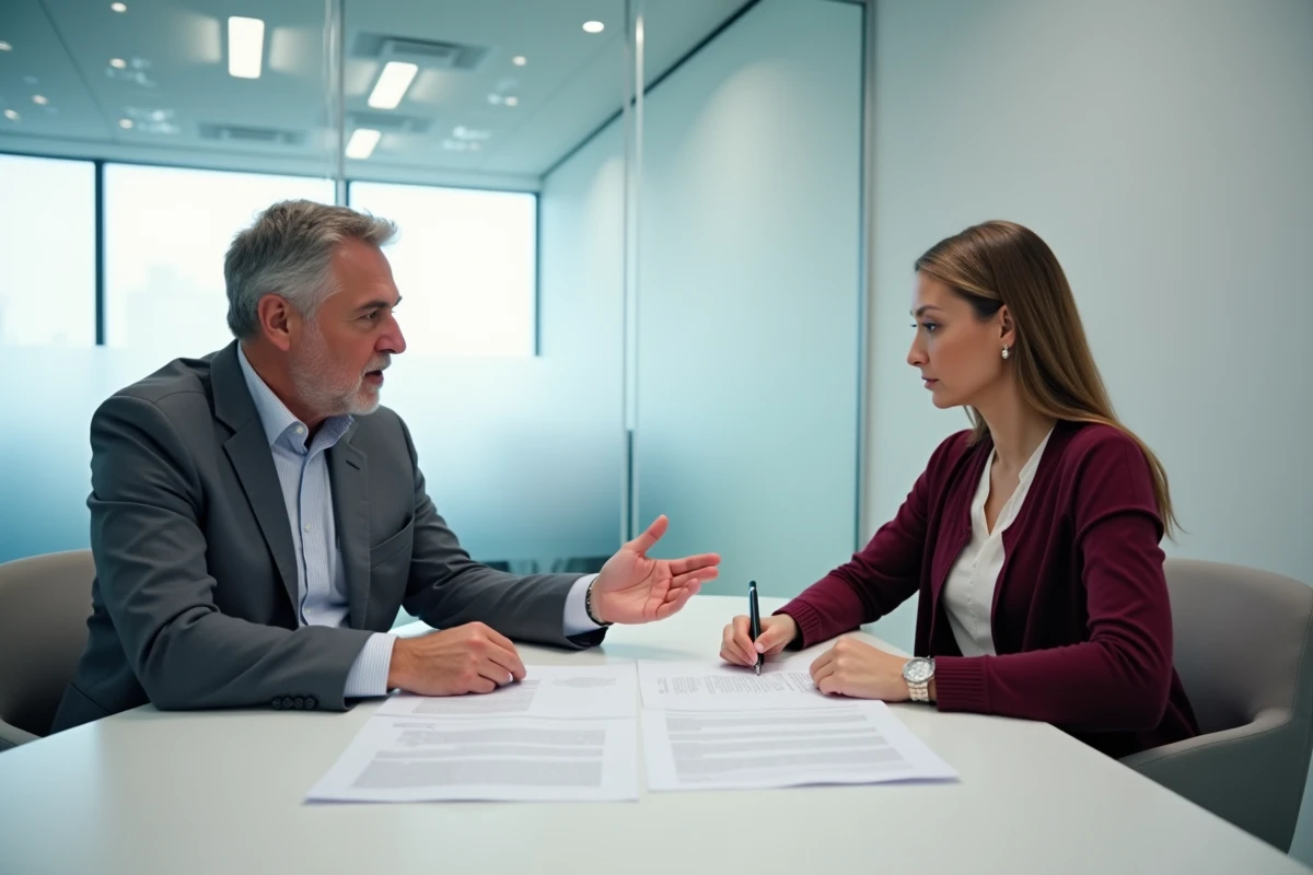 Entretien entre un responsable RH et une salariée autour de documents contractuels, illustrant la rupture de contrat de travail et les conditions d'éligibilité aux allocations chômage