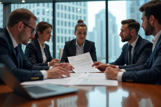Groupe de professionnels d'affaires examinant un contrat de credit