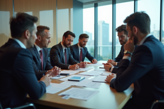 Groupe de professionnels en réunion d'affaires dans une salle moderne