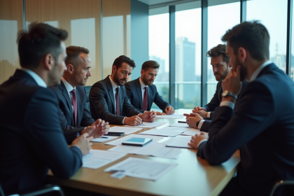 Groupe de professionnels en réunion d'affaires dans une salle moderne