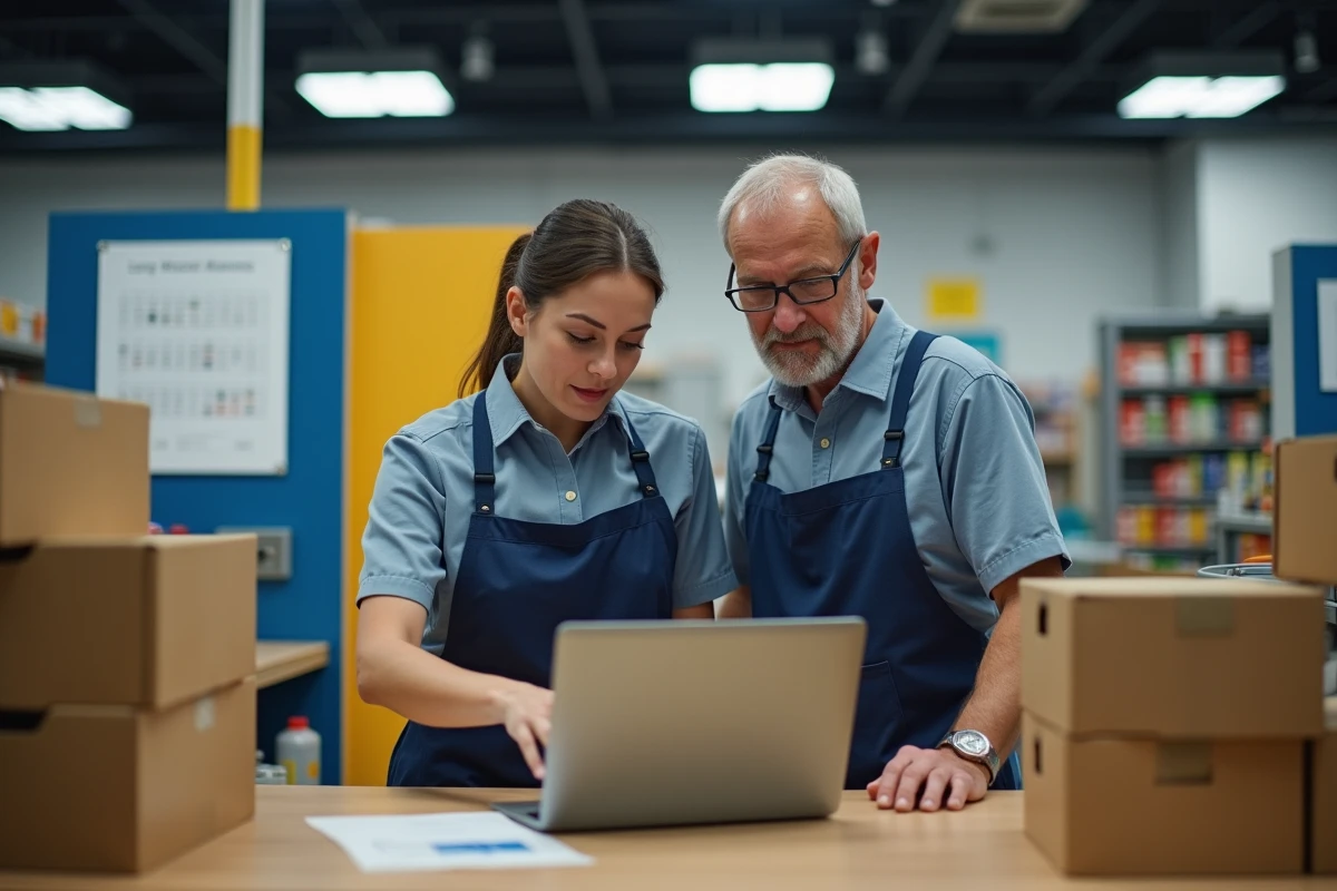 Deux employés d'un point de vente FDJ analysant ensemble le tableau de bord Profession Jeux sur un ordinateur portable en arrière-boutique