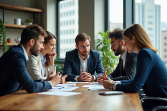 Groupe de professionnels en réunion dans un bureau moderne