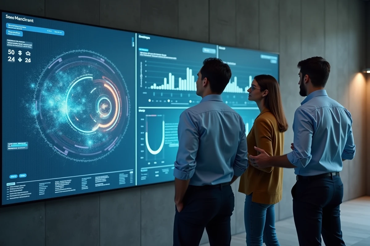 Groupe de professionnels collaborant devant un mur digital