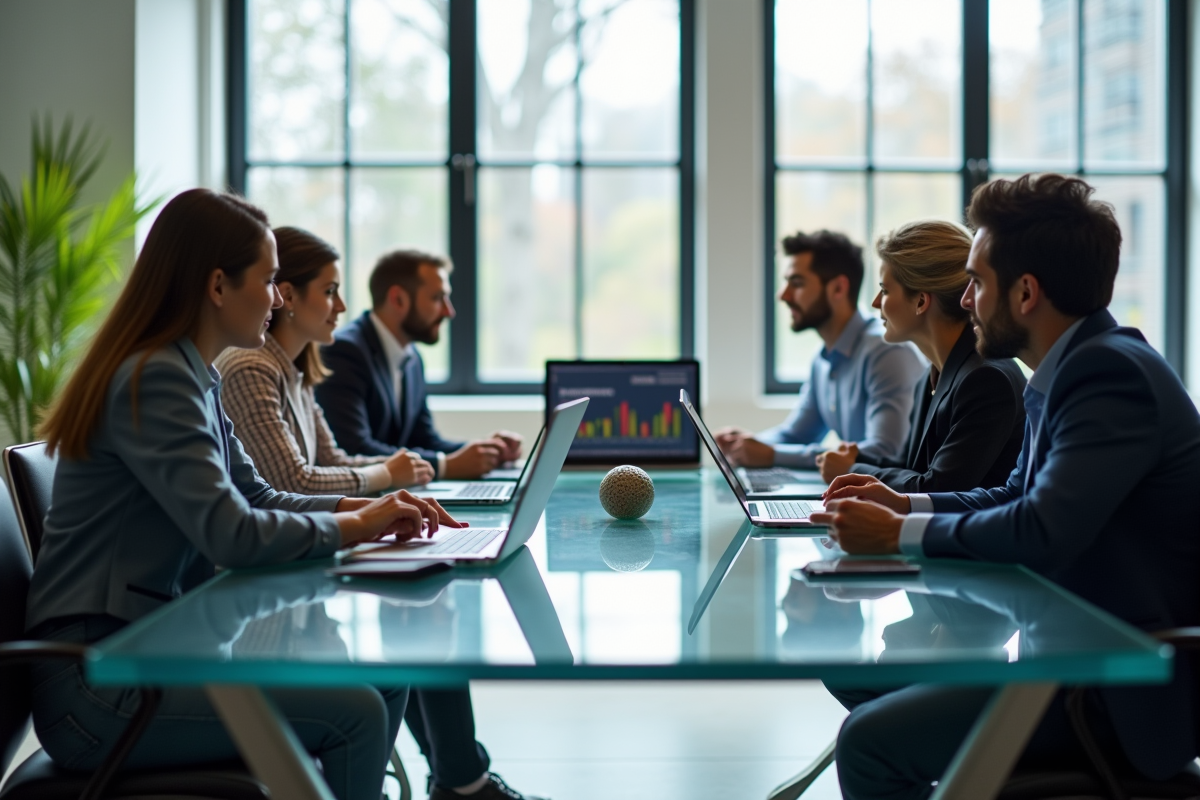 Groupe de professionnels autour d'une table moderne en réunion