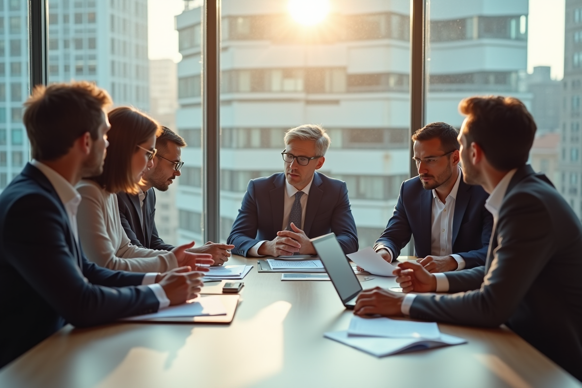 Groupe de professionnels en réunion financière dans un bureau lumineux