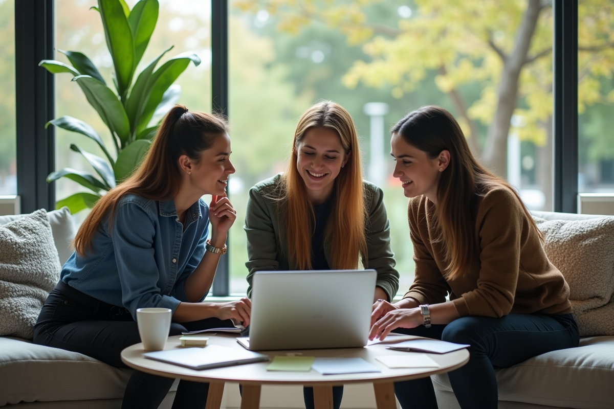 Groupe de jeunes professionnels discutant autour d une table de lounge