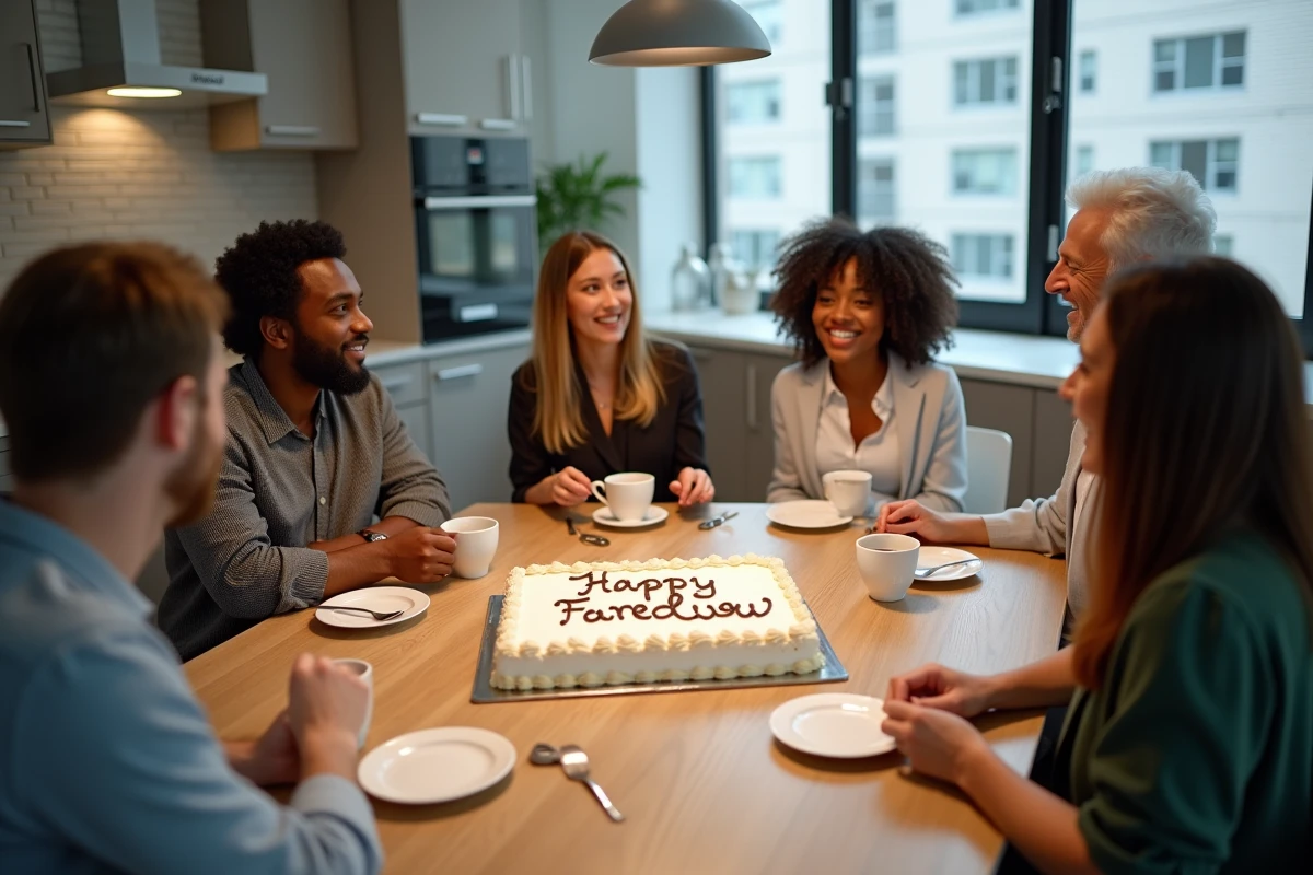 Équipe de collègues réunie autour d'un gâteau d'adieu dans la salle de pause pour célébrer un départ surprise au travail