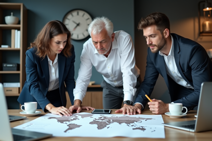 Equipe de professionnels autour d'une carte logistique