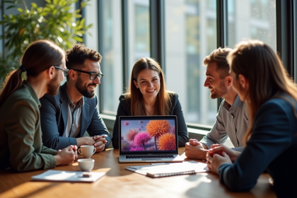 Equipe marketing créative autour d'un bureau moderne regardant une vidéo