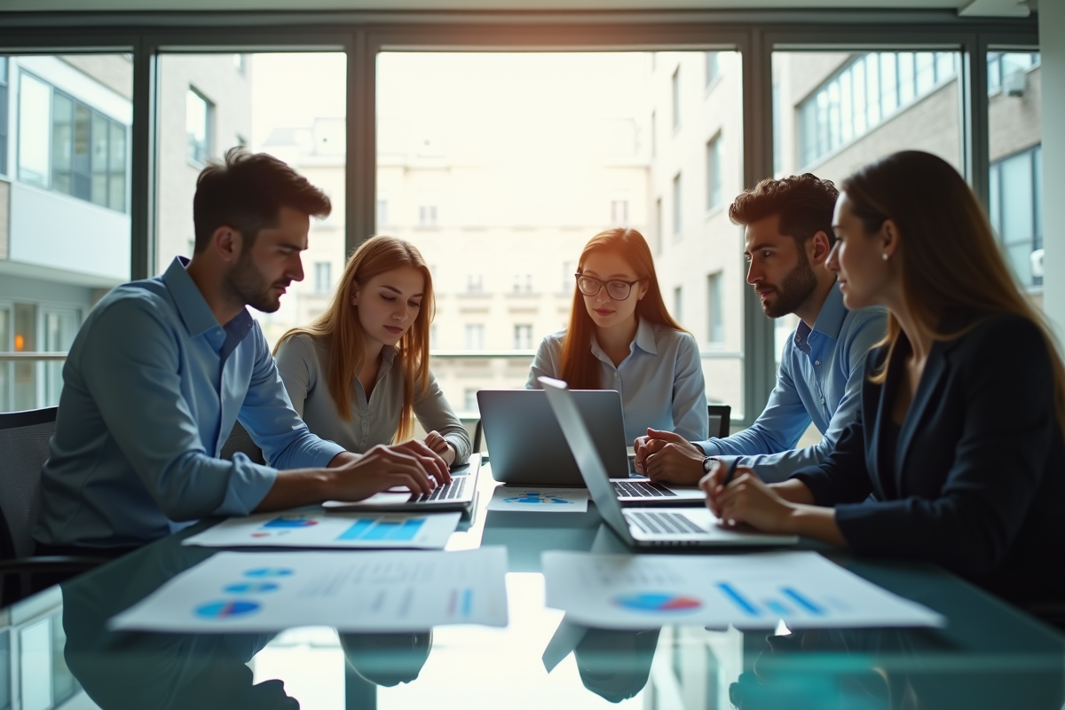Groupe de professionnels dans un bureau lumineux analysant des graphiques