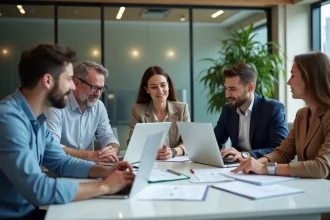 Groupe de professionnels en réunion dans un bureau moderne