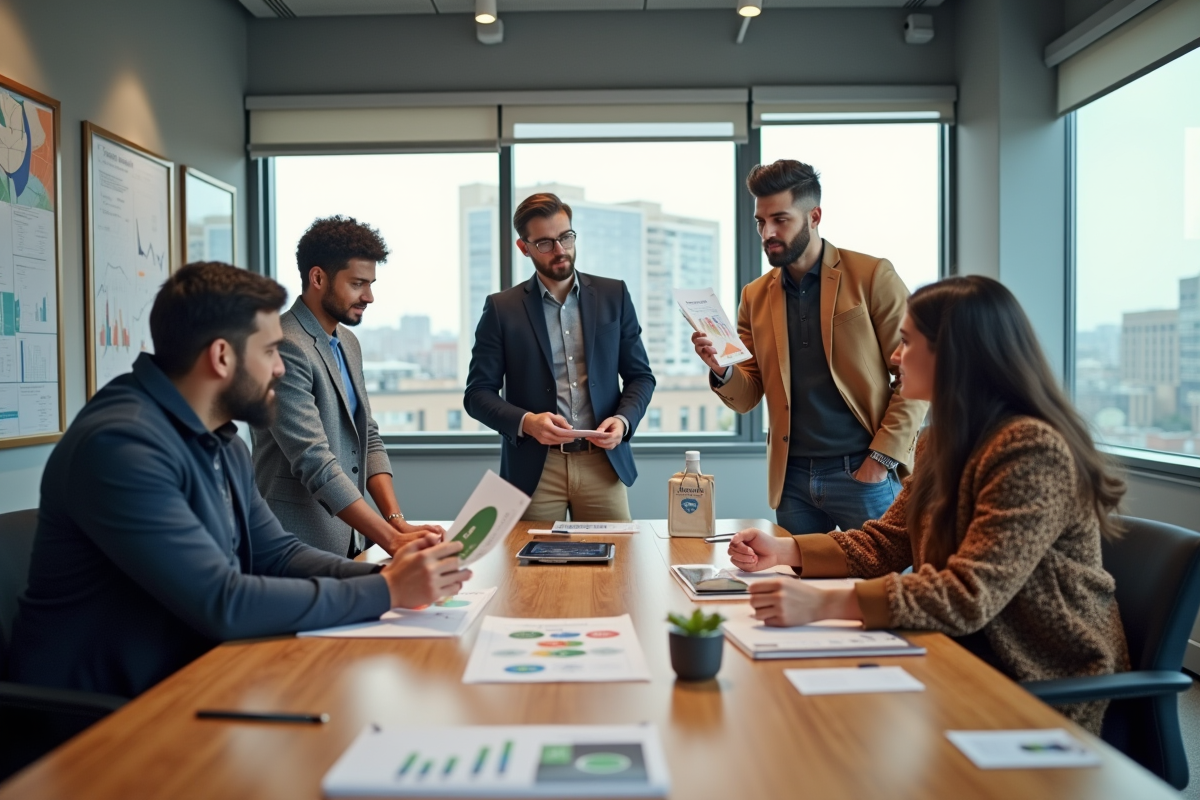 Groupe de jeunes professionnels analysant des échantillons recyclés