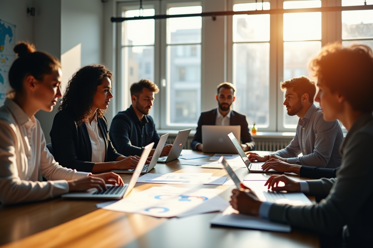 Groupe de professionnels en réunion dans un bureau lumineux pour stratégie SEO