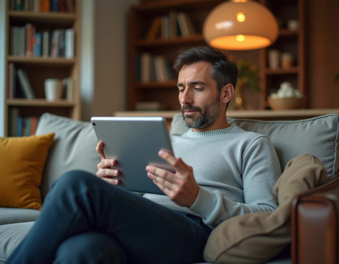 Homme parcourant les fonctionnalités ignorées d'un espace adhérent sur une tablette numérique à domicile