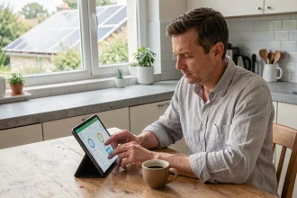 Homme consultant son espace client EDF ENR Solaire sur une tablette dans une cuisine moderne avec panneaux solaires visibles en arrière-plan