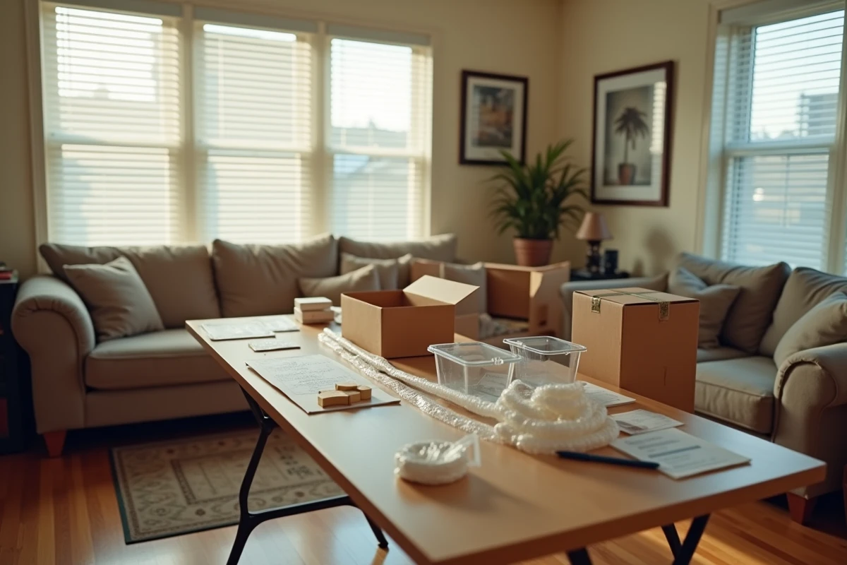 Espace de travail d'emballage à domicile installé dans un salon avec cartons, papier bulle et étiquettes d'expédition