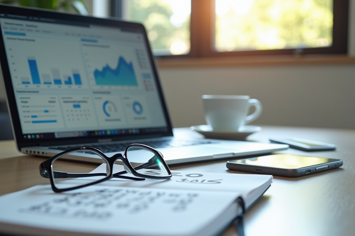 Espace de travail professionnel avec ordinateur et tableau d'analytique