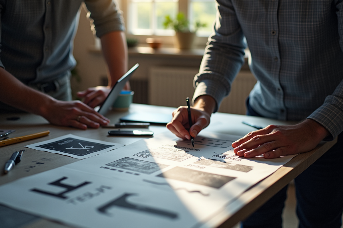 Espace de travail créatif avec designers et logo Tesla