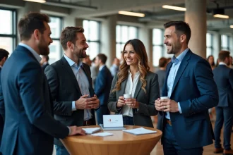 Groupe de professionnels en networking lors d'un événement B2B dans un espace de bureau moderne