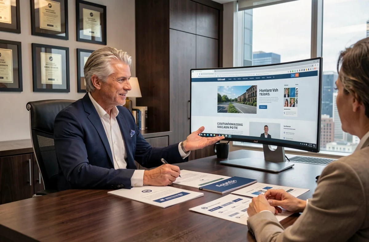 Directeur créatif de l'agence EVVI présentant une refonte de site internet à un client dans un bureau professionnel
