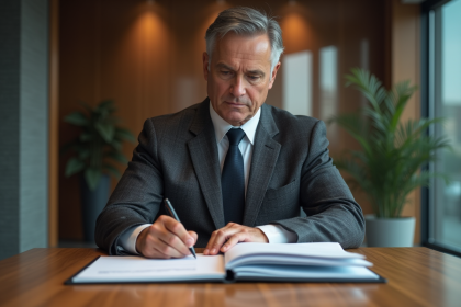 Homme d'affaires en costume gris examine des documents