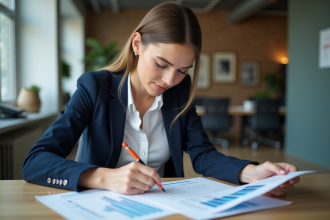 Femme d'affaires en bureau moderne examine documents